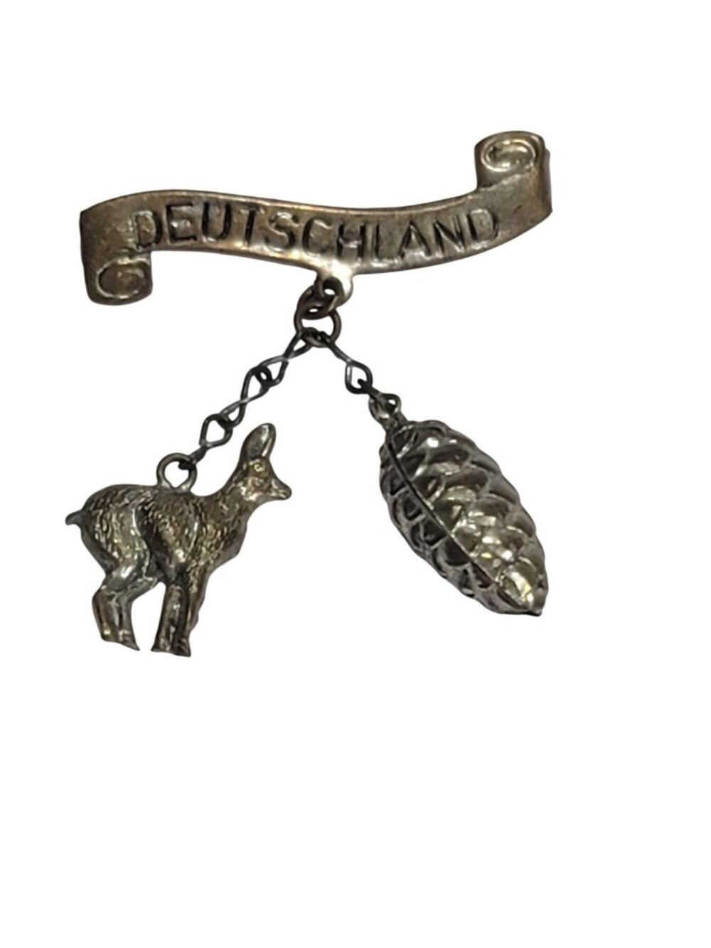Vintage Deutschland Pin With Deer & Pinecone Charms Silver-Tone Metal German Sou